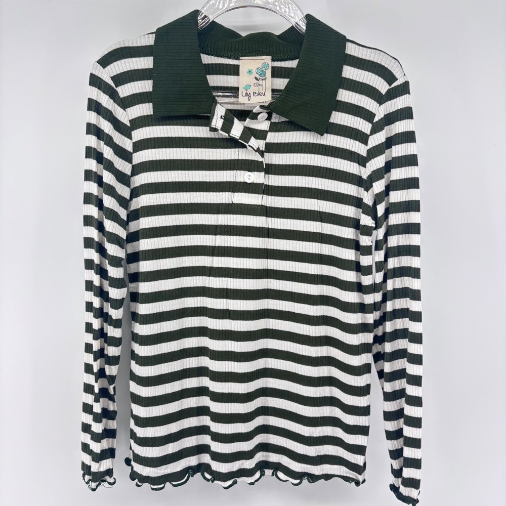 Lily Bleu Girls Striped Long Sleeve Ribbed Knit Polo Shirt Olive‎ Green White 6